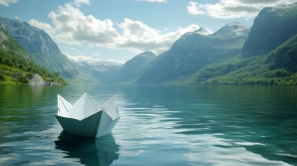 Obraz premium A small paper boat floats on a calm lake surrounded by majestic mountains.