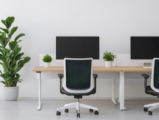 Minimalist workspace with sleek desks, ergonomic chairs, and minimal decor, emphasizing productivity and clarity in management tasks