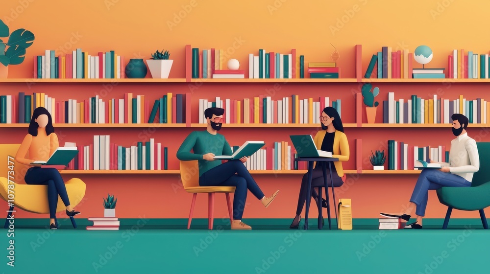 Aufkleber students engage in a vibrant learning space at a colorful university library discovering knowledge a