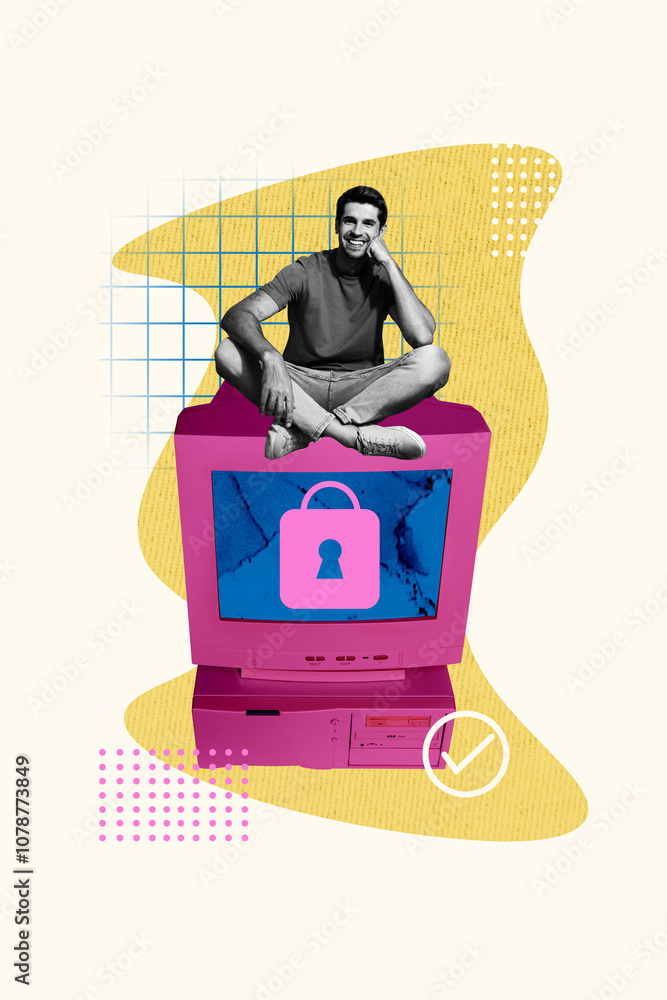 Poster composite trend artwork sketch image photo collage of small young man sit obsolete big computer moni
