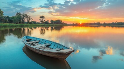 A small wooden boat sits on a calm lake at sunset, reflecting the vibrant colors of the sky.