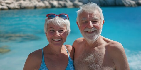 Fototapeta premium A man and woman are posing for a picture on a beach. The man is wearing a blue shirt and the woman is wearing a blue tank top. They both have sunglasses on and are smiling. Scene is happy and relaxed