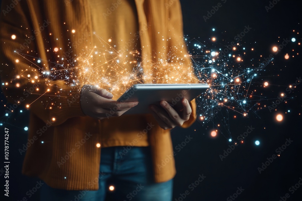 Poster student engages with digital technology while holding a tablet surrounded by sparkling data visualiz