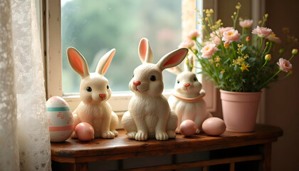 Vintage Easter bunnies and pastel eggs on rustic shelves, Easter decorations with hand-painted eggs