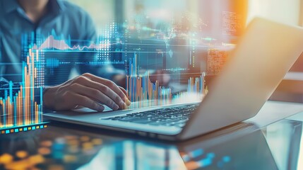 Innovative Home Office Strategies: A Businessman Working Remotely with High-Tech Tools and Engaging Data Visualizations