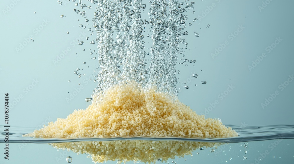 Poster semolina grains float and separate water creating dynamic movement surface illuminated bright lighti