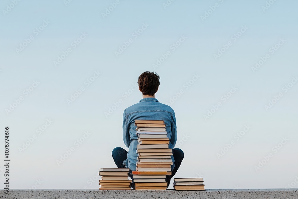 Poster a student sitting under a vast sky embraces learning with a stack of books in the background