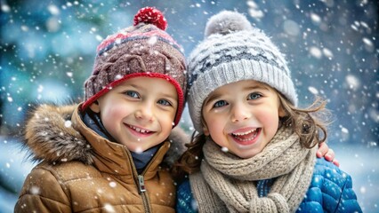 Fototapeta premium Cute happy children wearing a warm winter clotes surrounded with snowflakes. Winter holidays concept