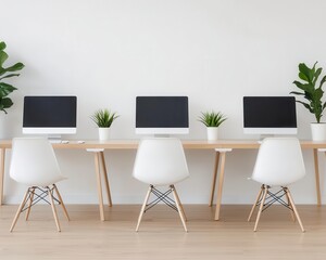 Minimalist office with a focus on natural materials, featuring light wood desks, white walls, and minimal decor