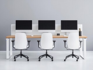 Minimalist office with an openplan layout, white desks, and light wood accents, creating a clean and efficient management space