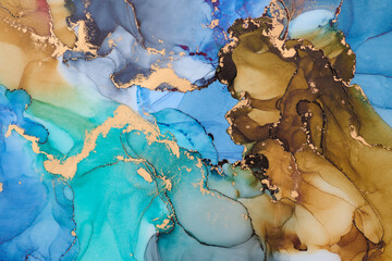 Naklejka premium Soft waves of translucent color meet shimmering gold accents in abstract art, fluid shapes create a dynamic landscape. The liquid ink technique create depth and movement, both spontaneous and refined