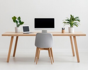 Minimalist office with a focus on natural materials, featuring light wood desks, white walls, and minimal decor