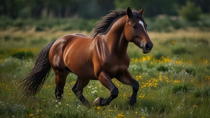 Fototapeta premium A bay horse runs through a field of wildflowers.