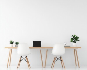 Minimalist office with a focus on natural materials, featuring light wood desks, white walls, and minimal decor