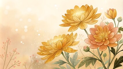 Watercolor Flowers with Golden Sheen, Elegant Card Template,Floral Card Template with Gold-Toned Watercolor Flowers