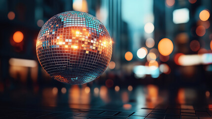 Obraz premium A reflective disco ball with a shiny surface, suspended in a blurry urban environment with colorful bokeh lights in the background.