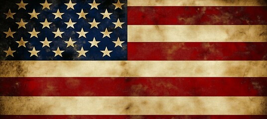 Naklejka premium A weathered and faded American flag, its colors muted and its surface worn, evokes a sense of history and resilience.