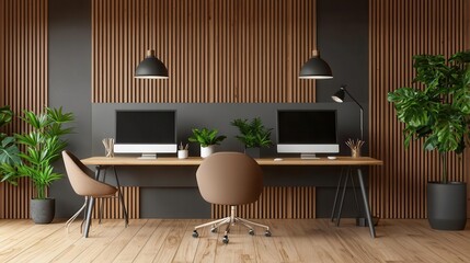 Office interior with minimalist furnishings, natural textures, and simple, elegant design for an efficient management workspace