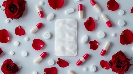Sanitary pads and tampons are artistically displayed vibrant red rose petals and assortment pills reflecting care and comfort feminine hygiene.
