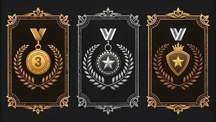 Luxury Game Ranking Badge Frames on Black Background, Premium Design,Elegant Game Badge Frames, Black Background, Gold Accents