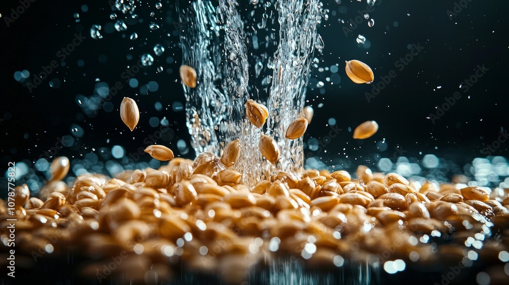 Poster wheat groats are captured floating water highlighting their distinct separation and texture while dr