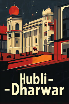 Hubli, Dharwar, modern vintage travel poster, wallpaper, background, banner, backdrop, retro card print. Graphic designed, sleek. Dark, red, blue, white, black