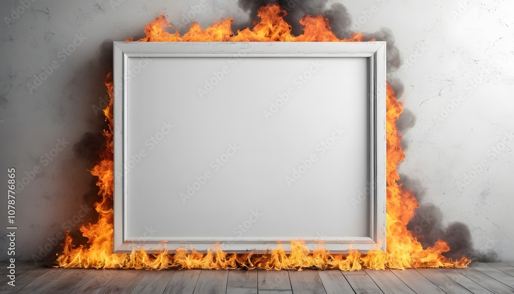 Poster a blank, empty white poster frame against a fiery background ideal for promotional use and creative 