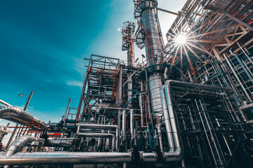Fototapeta premium Valve elbow column refinery plant equipment for pipeline oil and gas valves at gas plant pressure safety