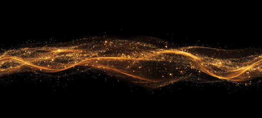 Abstract Futuristic Tech Particle Dots Swirling in golden yellow on Black Background, horizontally seamless