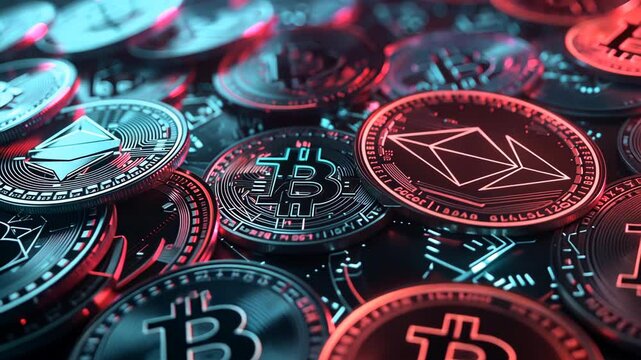 Pile of cryptocurrency symbols on a dark background with depth of field.