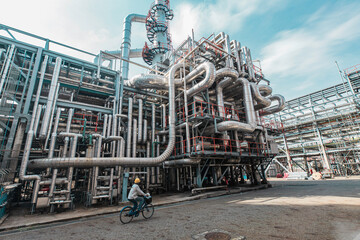 Naklejka premium Valve elbow column refinery plant equipment for pipeline oil and gas valves at gas plant pressure safety