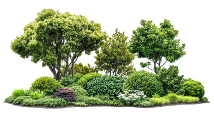 A row of bushes and trees with a white background