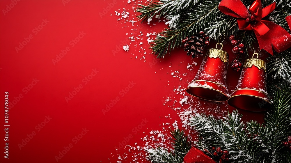 Poster elegant christmas bells on red background with festive greenery : generative ai
