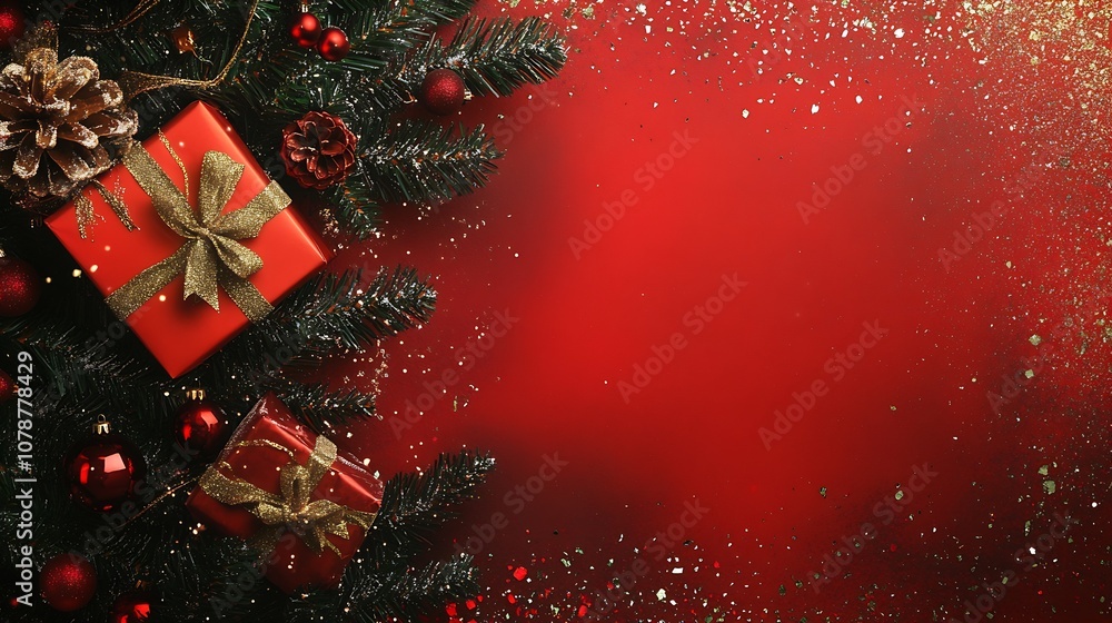 Poster elegant red christmas background with festive gift boxes : generative ai
