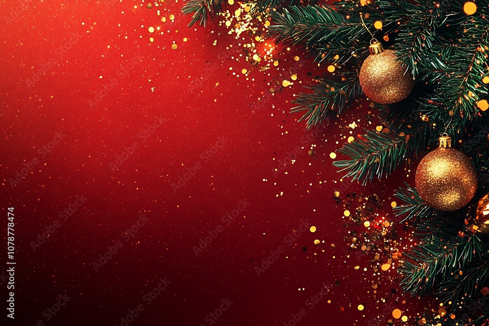 Poster festive red and gold christmas background with pine branches and glittering ornaments : generative a
