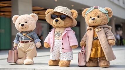 Fashionable Teddy Bears in Stylish Outfits, Trendy Toy Concept,Teddy Bears in Modern Outfits, Chic Plush Toys