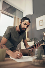 Home, man and tablet with paperwork for finance, track expenses or planning for budget goal on...