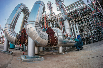 Male worker inspection at steel long pipes insulation and pipe elbow in station oil factory during...
