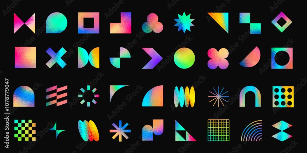 Poster holographic geometric forms, abstract brutalism shapes with iridescent foil effect. shiny metallic r
