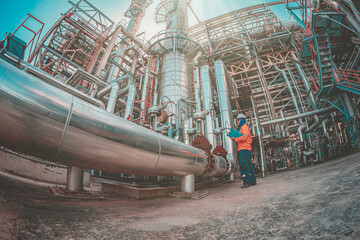 Male worker inspection at steel long pipes insulation and pipe elbow in station oil factory during...