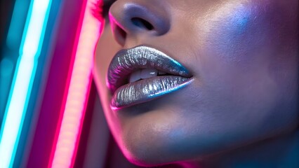 Metallic Silver Lips with Neon Lighting, Trendy Makeup Concept,Shiny Metallic Lips with Neon Glow, Fashion Makeup Art