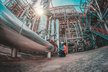 Male worker inspection at steel long pipes insulation and pipe elbow in station oil factory during...