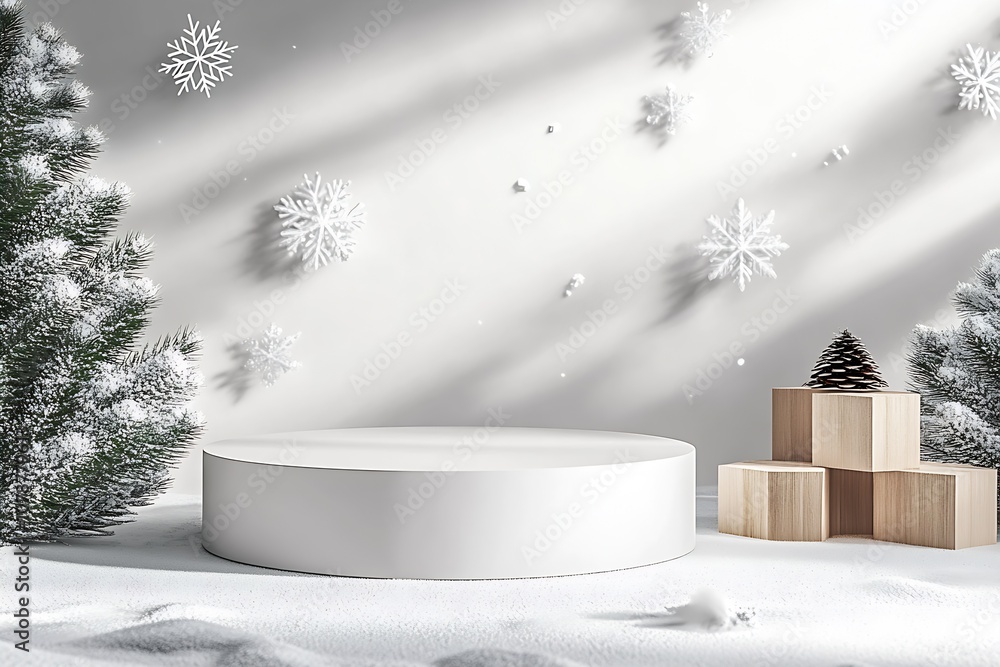 Poster minimalist winter scene with snowflakes and pine trees featuring wooden cubes and circular podium : 