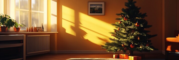 Cozy Living Room Interior with Decorated Christmas Tree and Sunlit Wooden Floor on a Warm Winter Morning : Generative AI