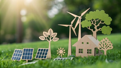 Green Energy Concept with Cardboard Cutouts on Grass,Eco-Friendly Energy Symbols in Nature Setting