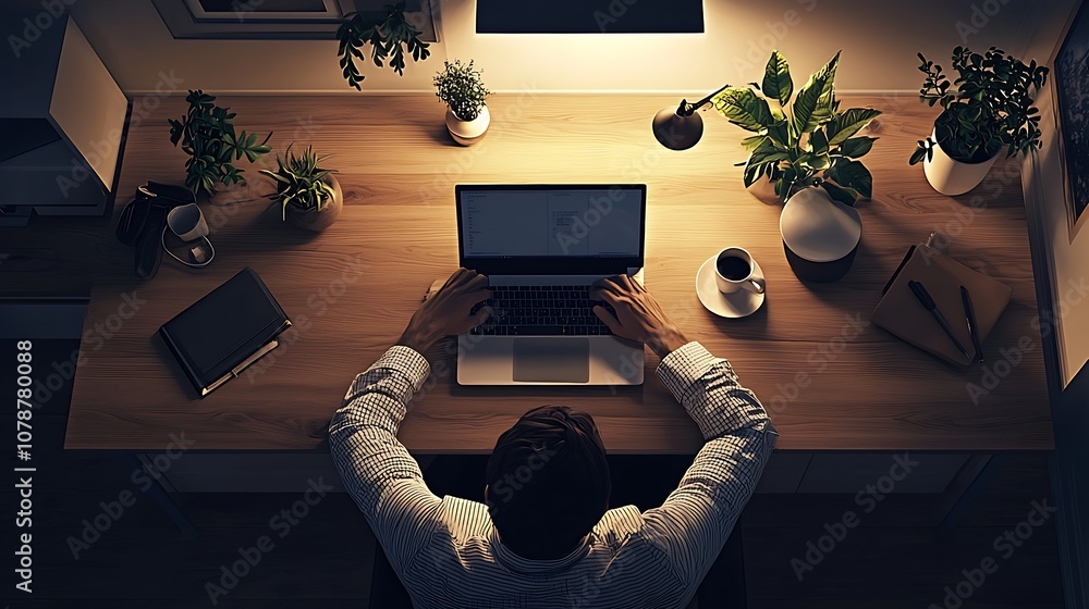 Aufkleber Overhead view of a nighttime workspace with a laptop surrounded by greenery and warm lighting : Generative AI