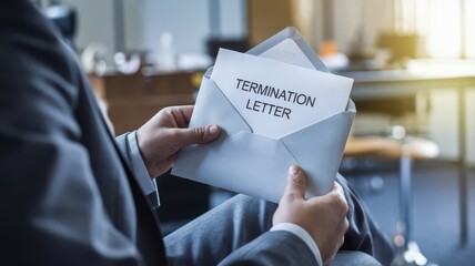 A man in a suit holds an envelope labeled "Termination Letter" while seated in an office, indicating a serious employment-related scenario.