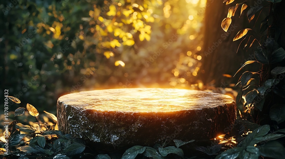 Poster stone textured podium with glowing edges in softly illuminated forest setting