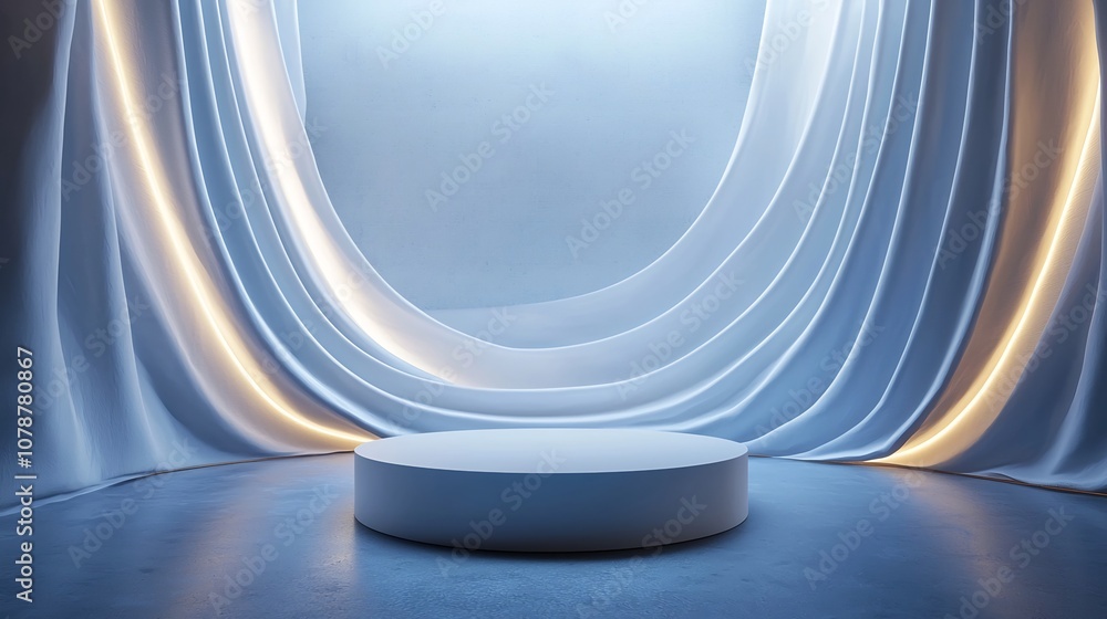 Sticker glossy cylindrical podium with glowing abstract light background for dynamic product displays