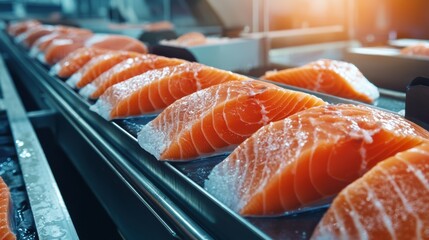 Fresh salmon fillets arranged on a conveyor belt, highlighting the vibrant color and texture of the fish in a processing environment.